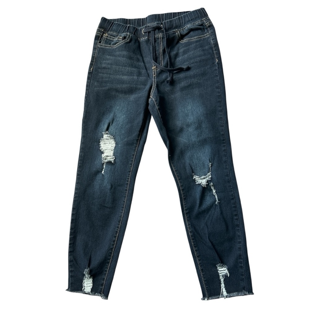 YMI Distressed Elastic Waist Denim Jeans Dark Blue